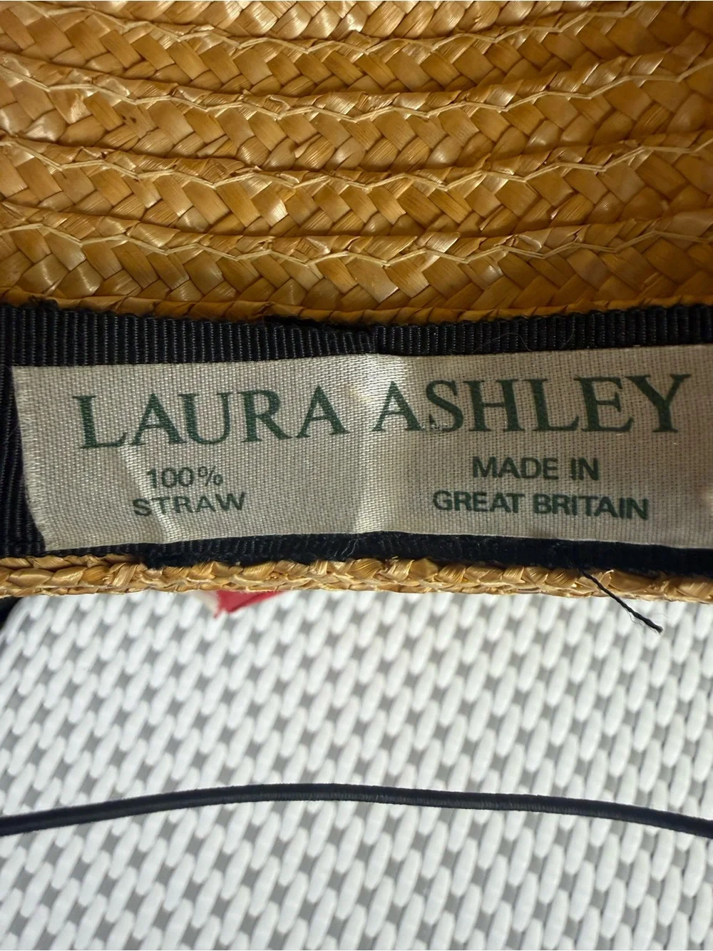 Vtg. 80s Laura Ashley Straw Boater Hat Red Ribbon Bow Cottagecore Great Britain